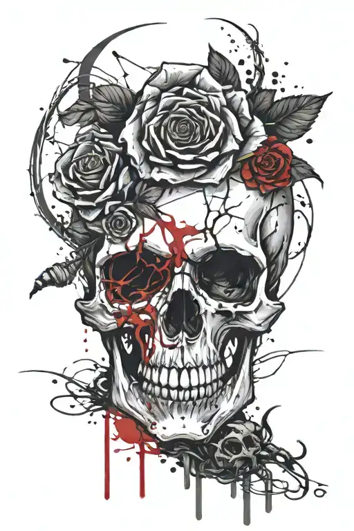 Skull With Rose In Eye Socket And A Big Centipede Around It