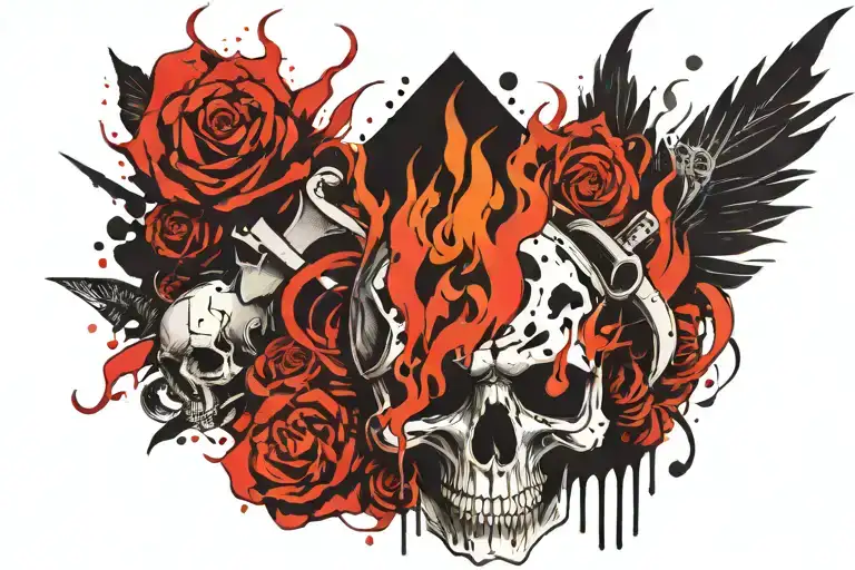 A Trashpolka Tatto With Flames And A Broken Skull