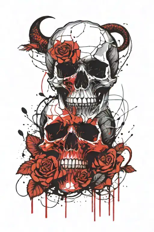 Roses And A Skull With A Snake Coming Out Of Mouth