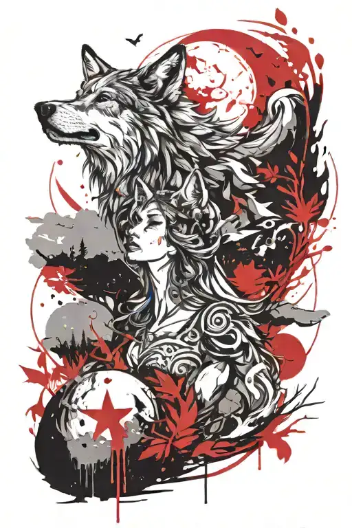 Girl And Wolf Howling At The Moon