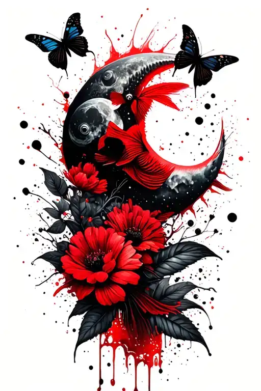 Moon And Flowers And Butterflies And Coi Fish