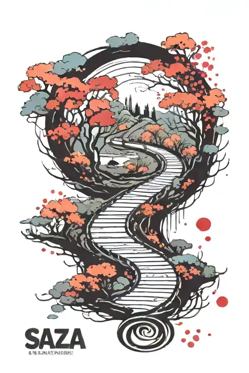 A Winding Road Surrounded By Sakura Trees Colors Sunset