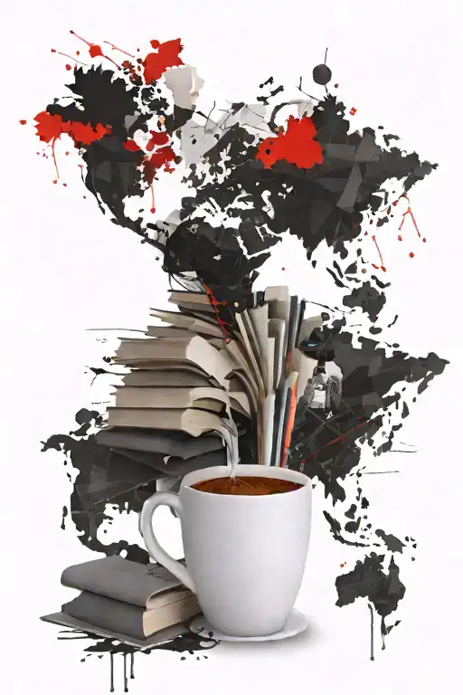 A Coffee Cup Morphing Into A Stack Of Books With A World Map In The Background