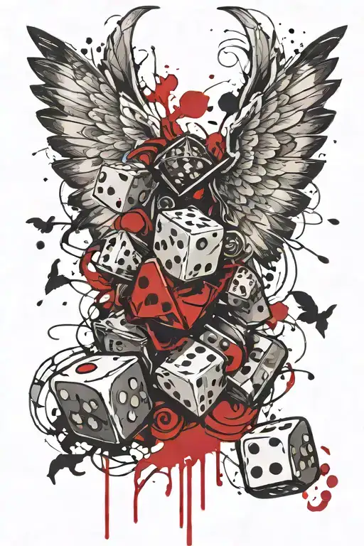 Dice With Wings And Sword Over A Banner