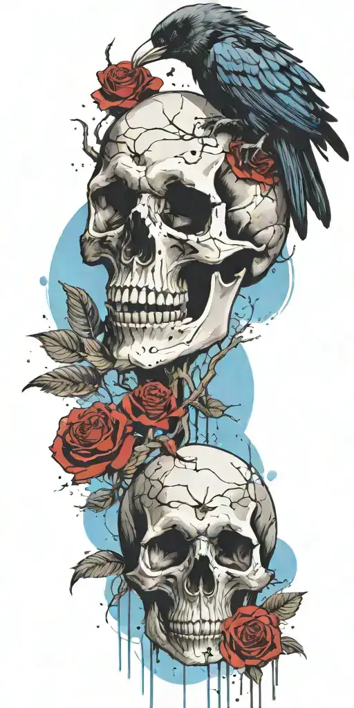 Skull And Roses With Raven Perched On Top Blue Sky Background