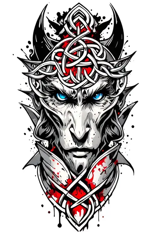 Demon With Blue Eyes On Armor Tattoo Design Featuring Celtic Trinity Knot
