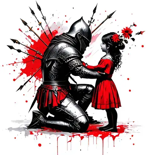 Kneeling Knight With Arrows Struck On His Back Kneeling To A Little Girl Holding Flower