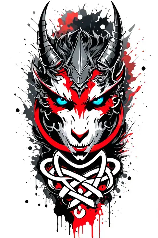 Demon With Blue Eyes On Armor Tattoo Design Featuring Celtic Trinity Knot