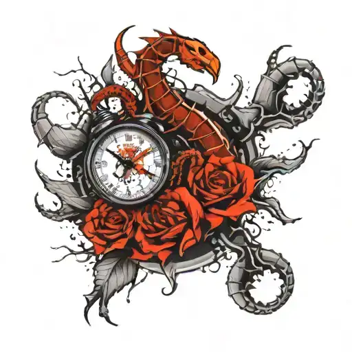 Tattoo Of A Scorpion On The Wrist Above It A Clock And A Flying Dragon Above The Elbow