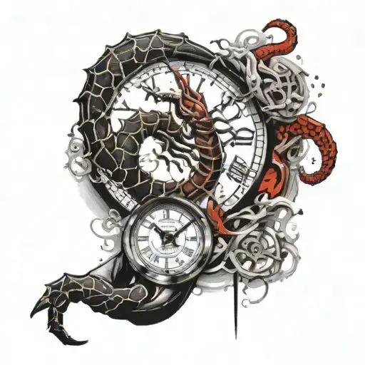 Tattoo Of A Scorpion On The Wrist Above It A Clock And A Flying Dragon Above The Elbow