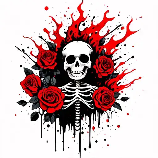 Human Skeleton With Red And Black Fire And Roses