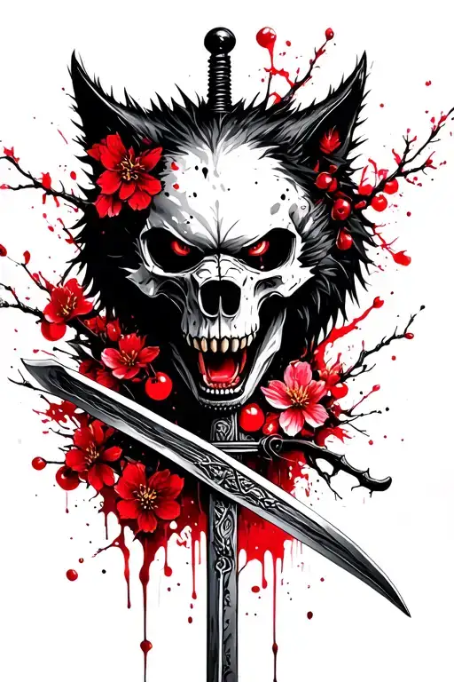 Werewolf Half Skull With Sword And Cherry Blossoms