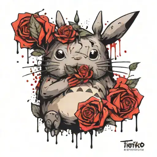 Baby Totoro Holding A Rose In His Hands Sketching A Smile
