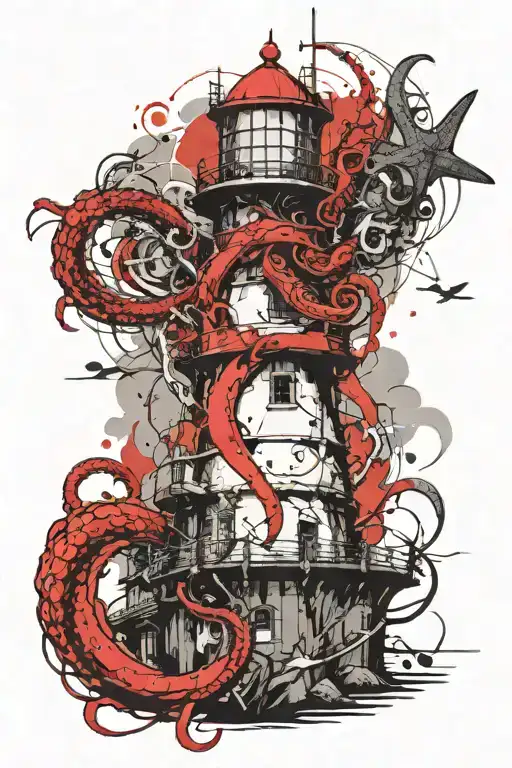 Crakin Tentacles Wraping Around Lighthouse In Japanese Style