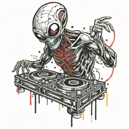 Alien Dj Playing A Cdj In A Pvt With The Stage Decorated In The Style Of A Ufo