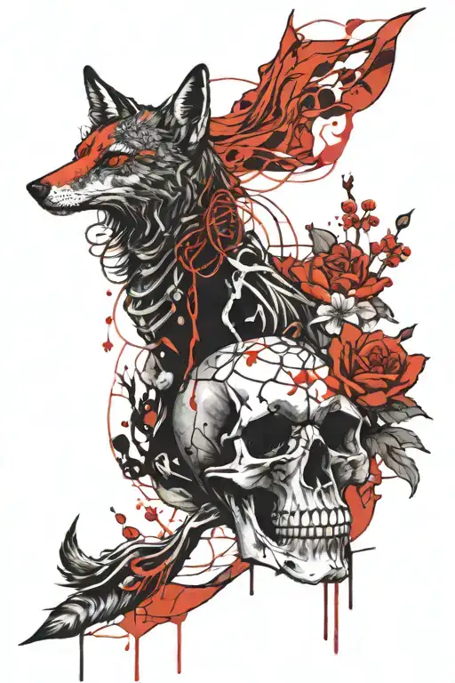 Skeleton And Fox With Red Thread Around It Under The Moon And Sakura Petals