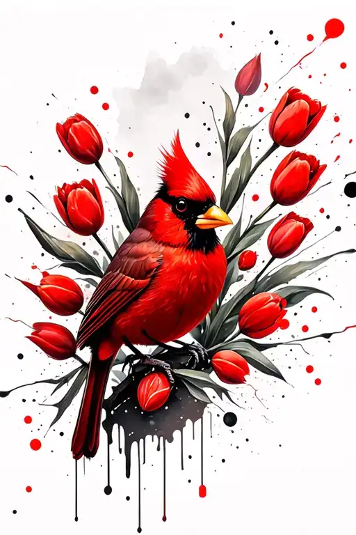 Cardinal Bird With Tulips