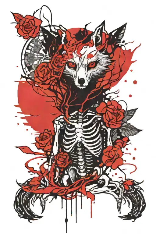 Skeleton And Fox With Red Thread Around It Under The Moon And Sakura