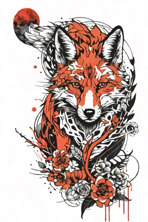A Fox With Part Of Its Skeleton Visible Wrapped In A Red Thread Under The Moon And Sakura Petals