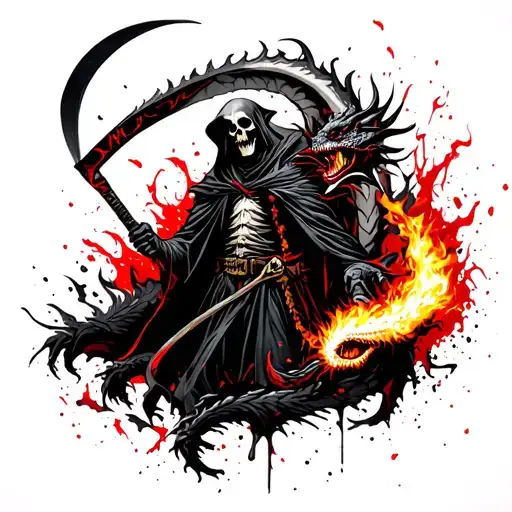 Grim Reaper Holding A Scythe With A Black Dragon Rapped Around It Spitting Fire