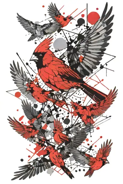 Repeating Geometric Pattern Fading Away With Red Cardinal Above Taking Flight