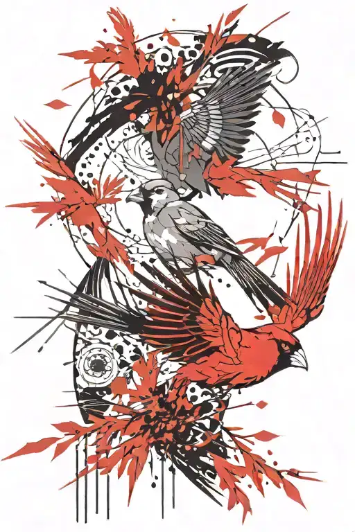 Japanese Textile Pattern That Fades With A Bright Red Cardinal Taking Flight