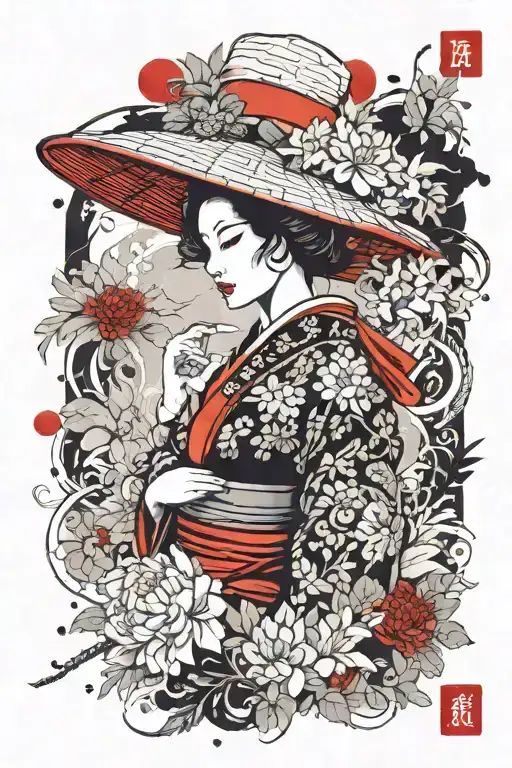 Geisha Using Oriental Straw Hat Holding A Omamori Amulet With Chrysanthemum Floral Filler