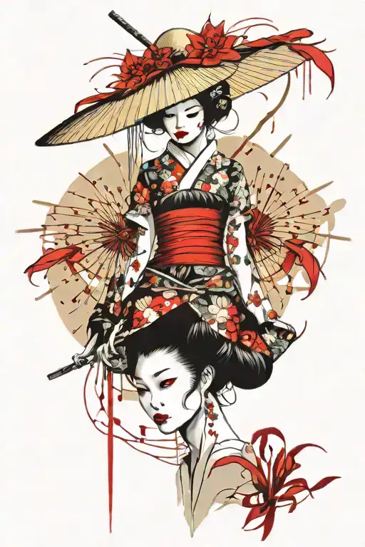 Geisha Using Oriental Straw Hat With Floral Red Spider Lilly Filler