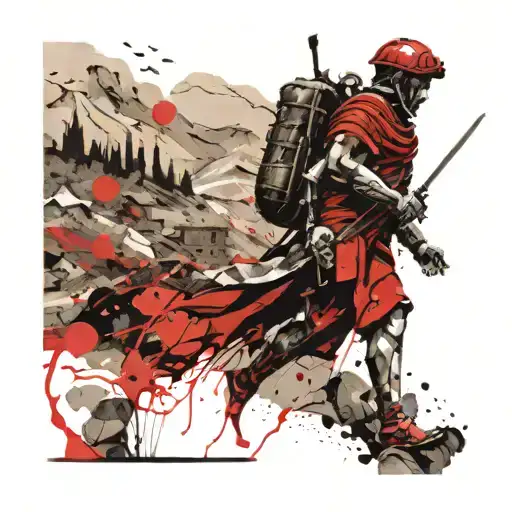 A Roman Soldier Marching Through A Mountainous Landscape
