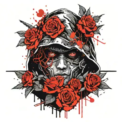 Hooded Warrior Red Eyes Surrounded By Roses