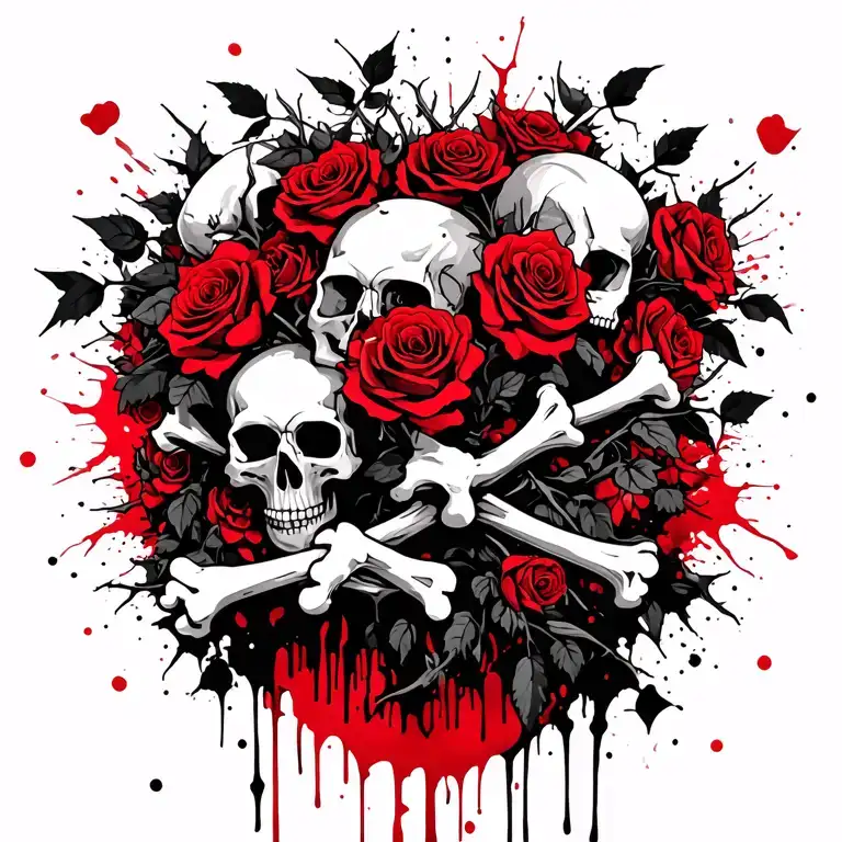 Bouquet Of Roses With Thorny Vines Wrapping Arround Skulls And Bones In A Grave Yard