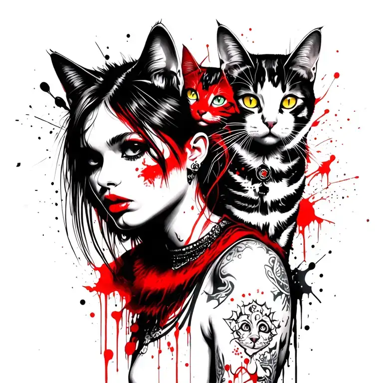 Punk Rock Girl With Gang Of Cats