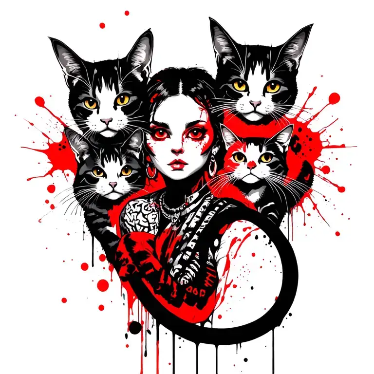 Punk Rock Girl With Gang Of Cats