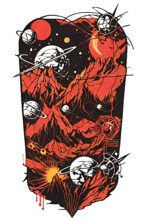 Mountains Leading Into Space With Planets With Cracks