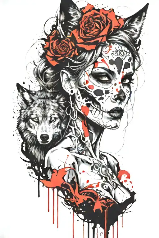 Skulled Face Lady With The Wolf