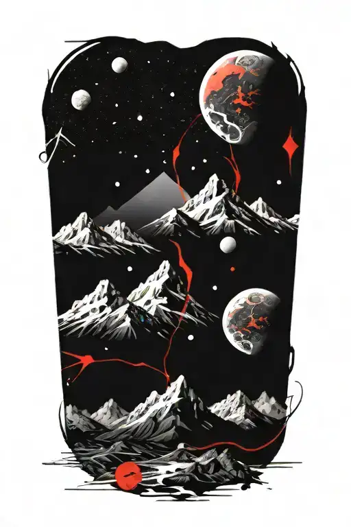 Mountains Leading Into Space With Planets