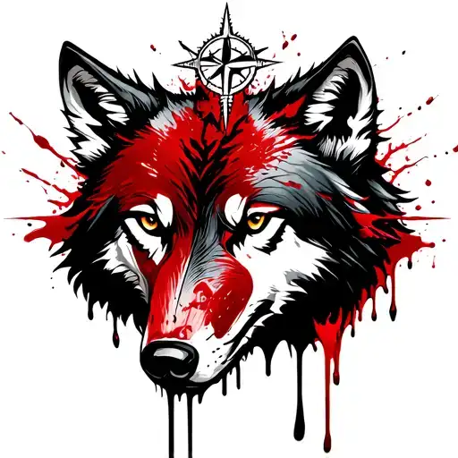 Wolf Head With Red Blood Dripping On Top Of Head A Viking Compass
