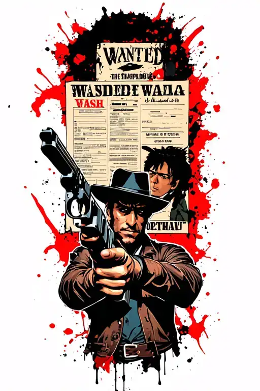 Cowboy Bebop Holding A Gun Looking At A Wanted Poster Of Cash The Stampede