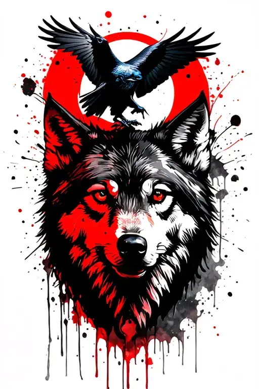 Lone Wolf Head With Raven Fying On Top Of The Head With Moon In Background With Water Color
