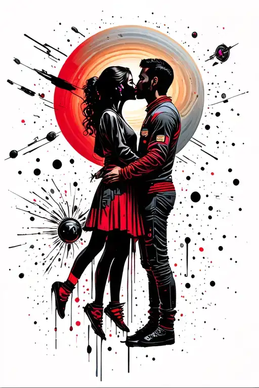 The Girl And The Guy Kiss On The Spaceship In 3074 Against The Background Of Saturn