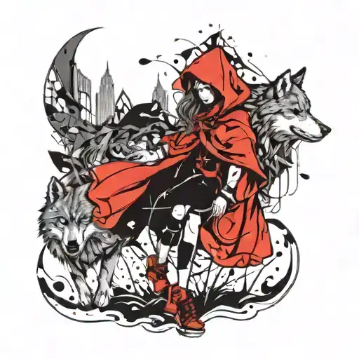 Dark Little Red Riding Hood With Giant Protector Wolf