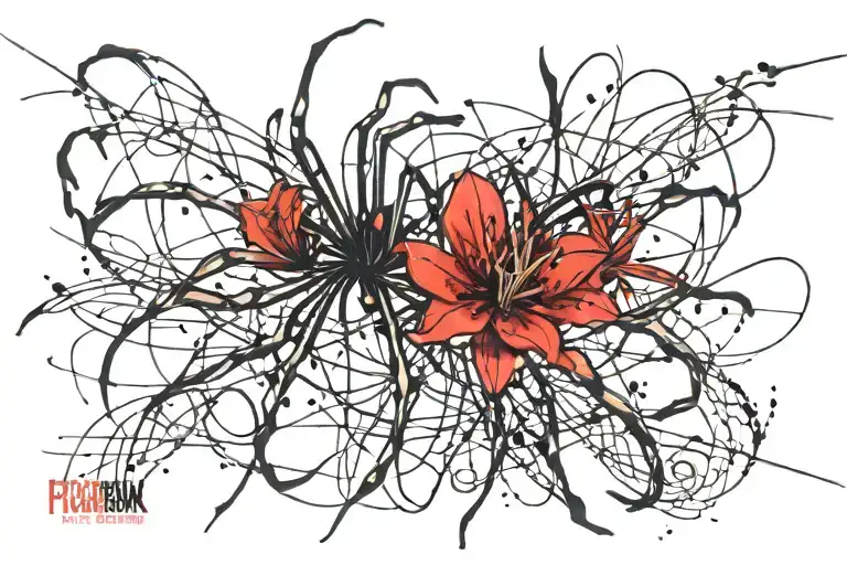 Spider Lily On A Black Lightning With A Spider In Forearm