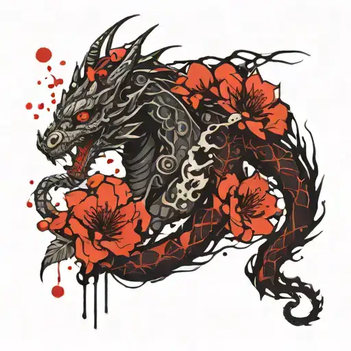 Dragon Mixed With Cherry Tree Where The Petals Are Blood