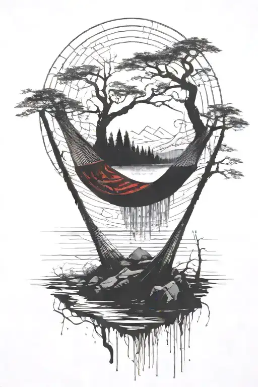 A Empty Hammock In The Woods Beside A Raging River With A Majestic Waterfall