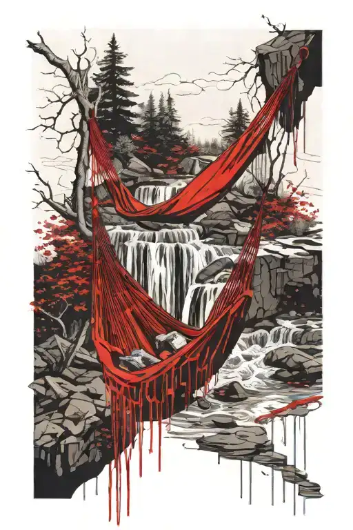A Hammock In The Woods Beside A Raging River With A Majestic Waterfall