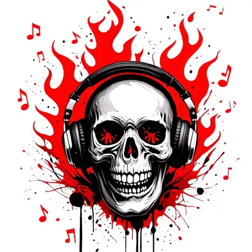 Skull Wearing Headphones Surrounded By Fire Shaped Music Notes
