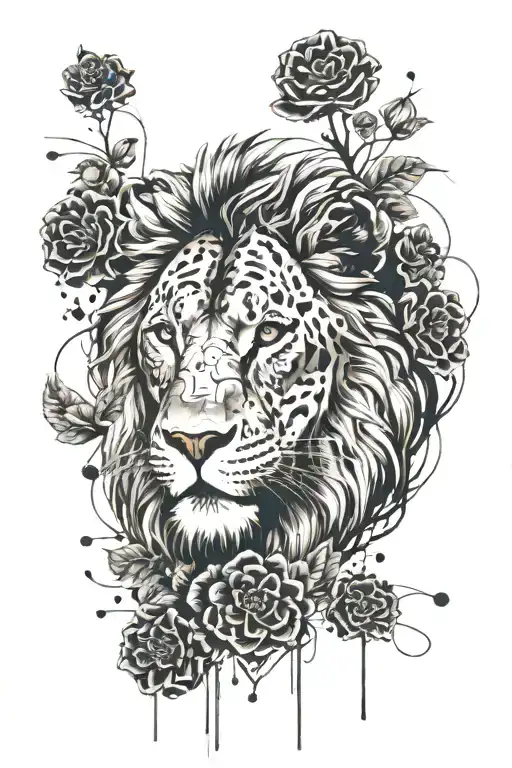 Lion With Geraniums And Ruby Eyes Looking