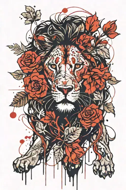 Lion With Geraniums And Ruby Eyes Looking