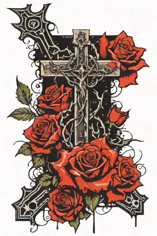 A Cross With 3 Vine Roses Growing Around It And A Crown Of Thorns On Top