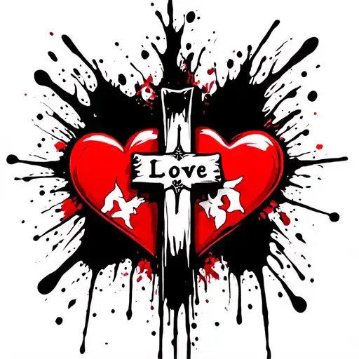 3 Hearts And Cross In The Middle With Brush Strokes That Says Love Inside The Cross